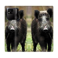 Housse cuir portefeuille Pour Xiaomi Redmi 10A Chasse Sanglier bois