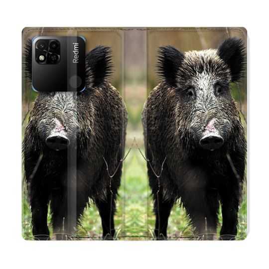 Housse cuir portefeuille Pour Xiaomi Redmi 10A Chasse Sanglier bois