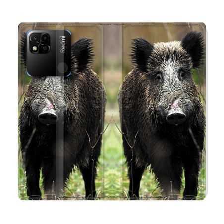 Housse cuir portefeuille Pour Xiaomi Redmi 10A Chasse Sanglier bois