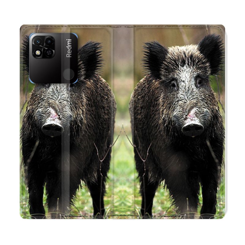 Housse cuir portefeuille Pour Xiaomi Redmi 10A Chasse Sanglier bois