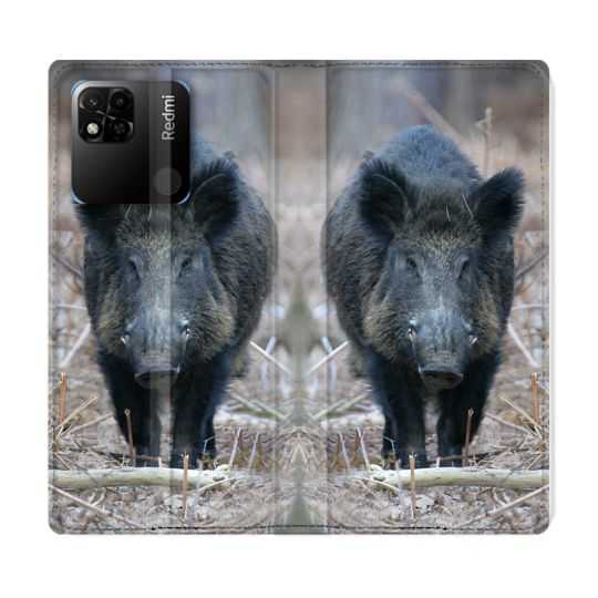 Housse cuir portefeuille Pour Xiaomi Redmi 10A Chasse Sanglier Pin