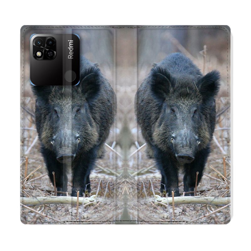 Housse cuir portefeuille Pour Xiaomi Redmi 10A Chasse Sanglier Pin