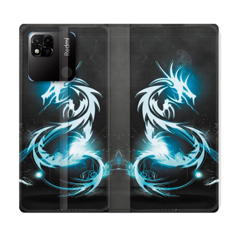 Housse cuir portefeuille Pour Xiaomi Redmi 10A Fantastique Dragon Bleu
