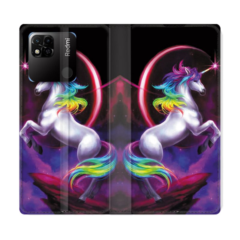 Housse cuir portefeuille Pour Xiaomi Redmi 10A Fantastique Licorne Arc en ciel