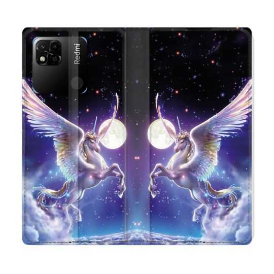 Housse cuir portefeuille Pour Xiaomi Redmi 10A Fantastique Licorne Céleste