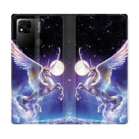 Housse cuir portefeuille Pour Xiaomi Redmi 10A Fantastique Licorne Céleste