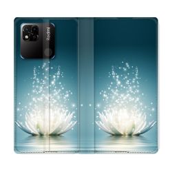 Housse cuir portefeuille Pour Xiaomi Redmi 10A Fleur Lotus Blanc
