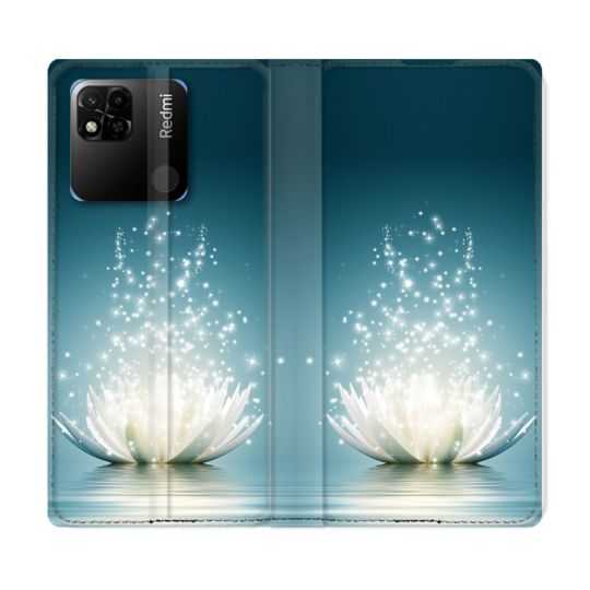 Housse cuir portefeuille Pour Xiaomi Redmi 10A Fleur Lotus Blanc