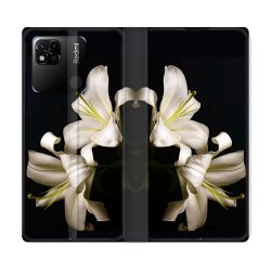 Housse cuir portefeuille Pour Xiaomi Redmi 10A Fleur Lys Noir