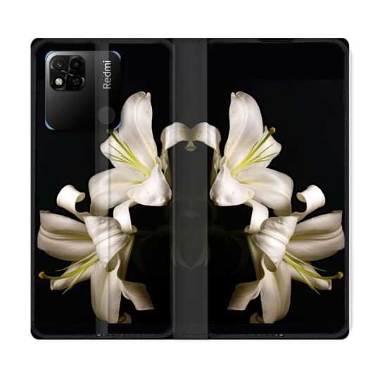 Housse cuir portefeuille Pour Xiaomi Redmi 10A Fleur Lys Noir