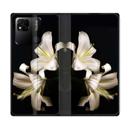 Housse cuir portefeuille Pour Xiaomi Redmi 10A Fleur Lys Noir