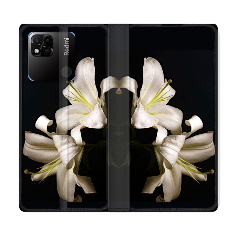 Housse cuir portefeuille Pour Xiaomi Redmi 10A Fleur Lys Noir