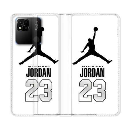 Housse cuir portefeuille Pour Xiaomi Redmi 10A Jordan 23 Blanc