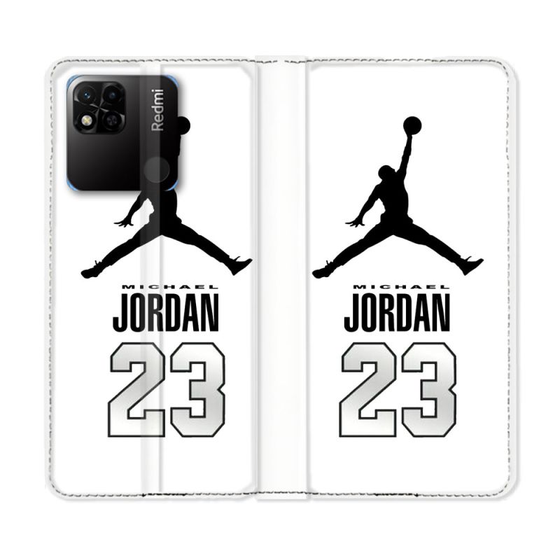 Housse cuir portefeuille Pour Xiaomi Redmi 10A Jordan 23 Blanc