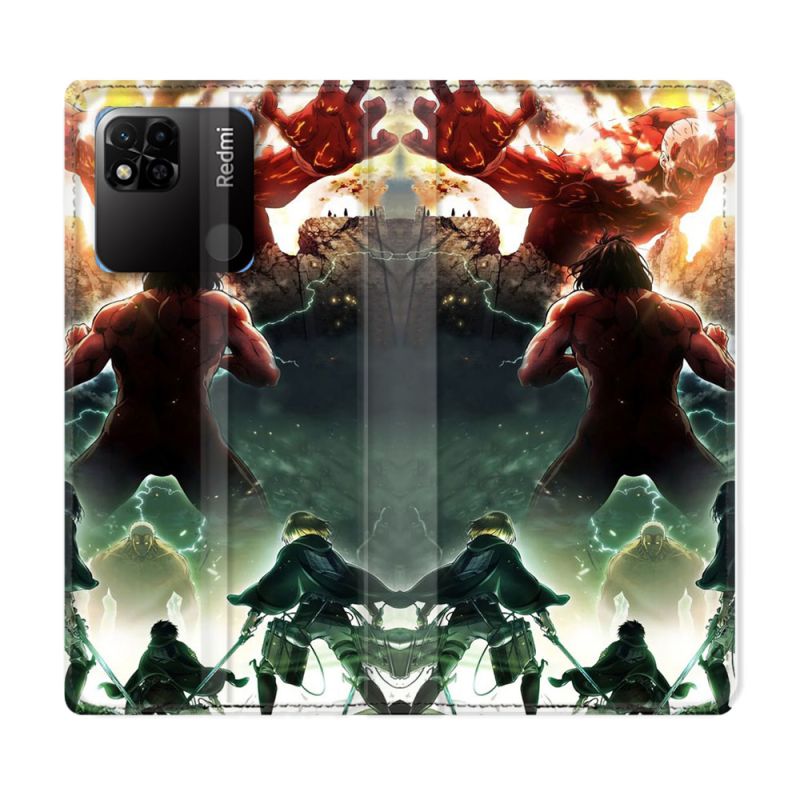 Housse cuir portefeuille Pour Xiaomi Redmi 10A Manga Attaque Titans Combat