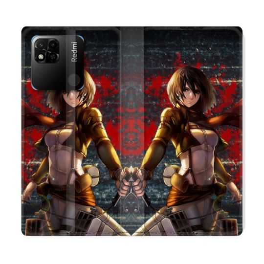 Housse cuir portefeuille Pour Xiaomi Redmi 10A Manga Attaque Titans Mikasa