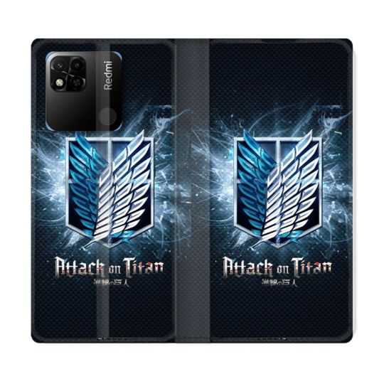 Housse cuir portefeuille Pour Xiaomi Redmi 10A Manga Attaque Titans Noir
