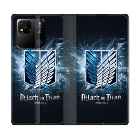 Housse cuir portefeuille Pour Xiaomi Redmi 10A Manga Attaque Titans Noir