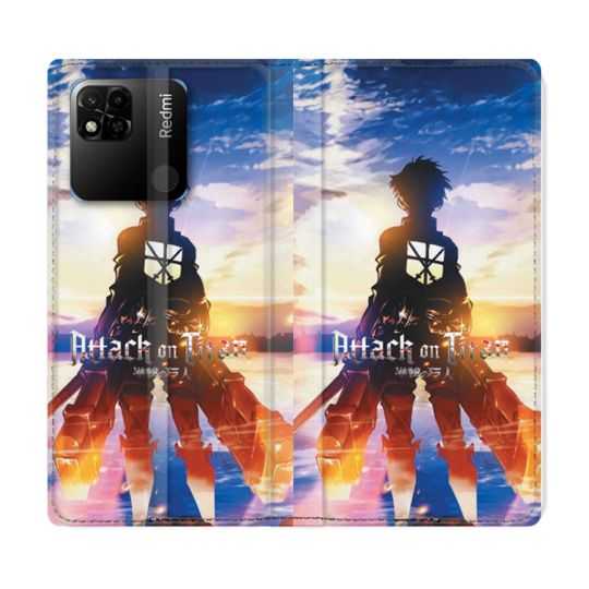 Housse cuir portefeuille Pour Xiaomi Redmi 10A Manga Attaque Titans Soleil