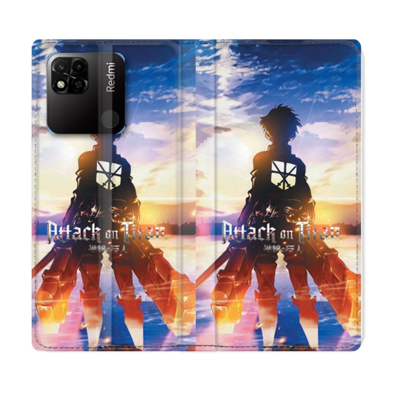 Housse cuir portefeuille Pour Xiaomi Redmi 10A Manga Attaque Titans Soleil