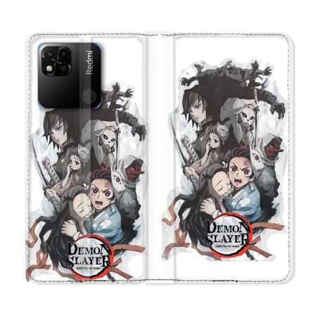 Housse cuir portefeuille Pour Xiaomi Redmi 10A Manga Demon Slayer Blanc