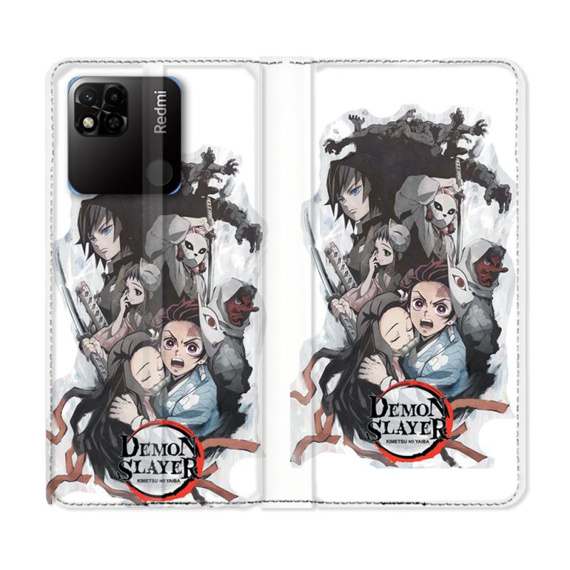 Housse cuir portefeuille Pour Xiaomi Redmi 10A Manga Demon Slayer Blanc
