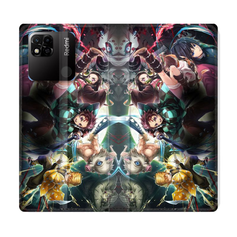 Housse cuir portefeuille Pour Xiaomi Redmi 10A Manga Demon Slayer Groupe