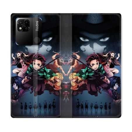 Housse cuir portefeuille Pour Xiaomi Redmi 10A Manga Demon Slayer Noir