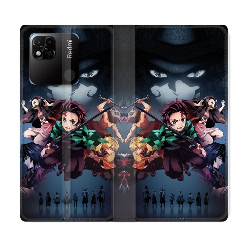 Housse cuir portefeuille Pour Xiaomi Redmi 10A Manga Demon Slayer Noir