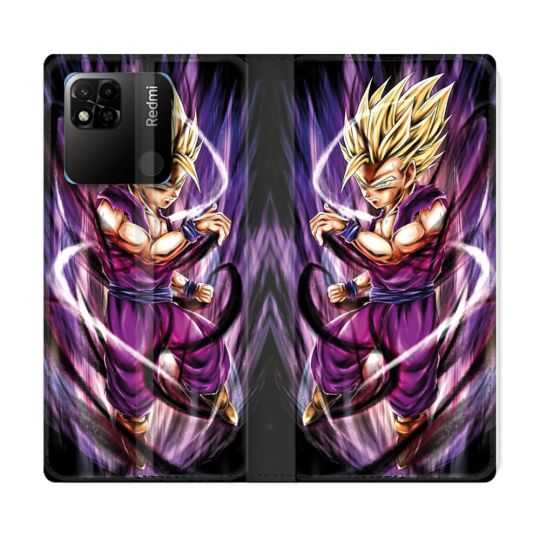 Housse cuir portefeuille Pour Xiaomi Redmi 10A Manga Dragon Ball Sangohan Violet