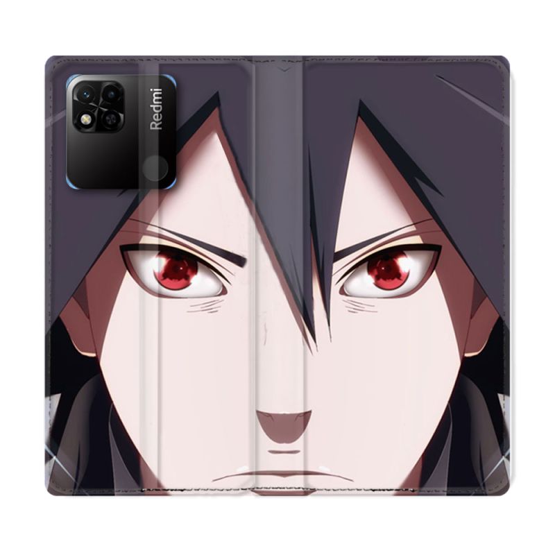 Housse cuir portefeuille Pour Xiaomi Redmi 10A Manga Naruto Sasuke visage