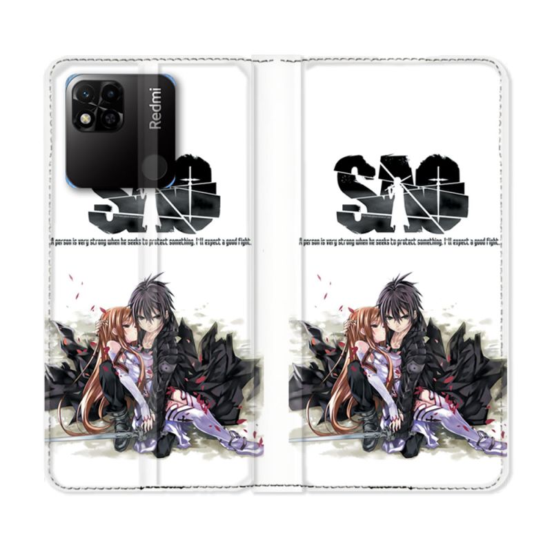 Housse cuir portefeuille Pour Xiaomi Redmi 10A Manga SAO sword Art Online Blanc