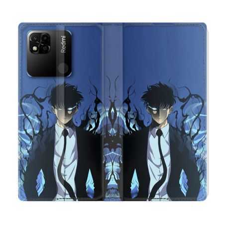 Housse cuir portefeuille Pour Xiaomi Redmi 10A Manga Solo Leveling Sung Bleu