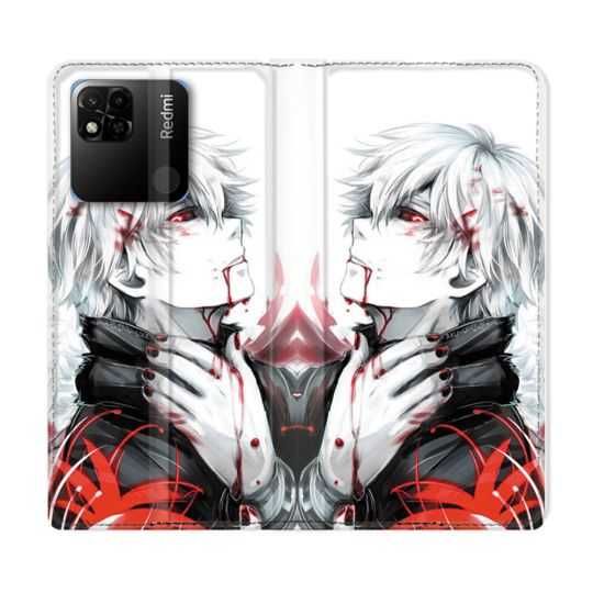 Housse cuir portefeuille Pour Xiaomi Redmi 10A Manga Tokyo Ghoul Kaneki Blanc