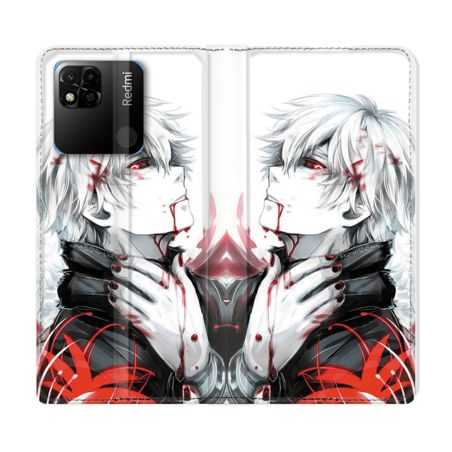 Housse cuir portefeuille Pour Xiaomi Redmi 10A Manga Tokyo Ghoul Kaneki Blanc