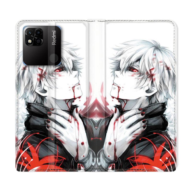 Housse cuir portefeuille Pour Xiaomi Redmi 10A Manga Tokyo Ghoul Kaneki Blanc