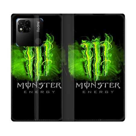 Housse cuir portefeuille Pour Xiaomi Redmi 10A Monster Energy Vert