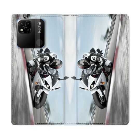 Housse cuir portefeuille Pour Xiaomi Redmi 10A Moto Course GP Blanche