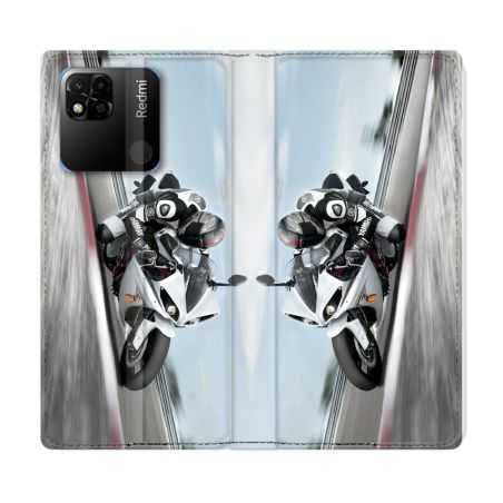 Housse cuir portefeuille Pour Xiaomi Redmi 10A Moto Course GP Blanche