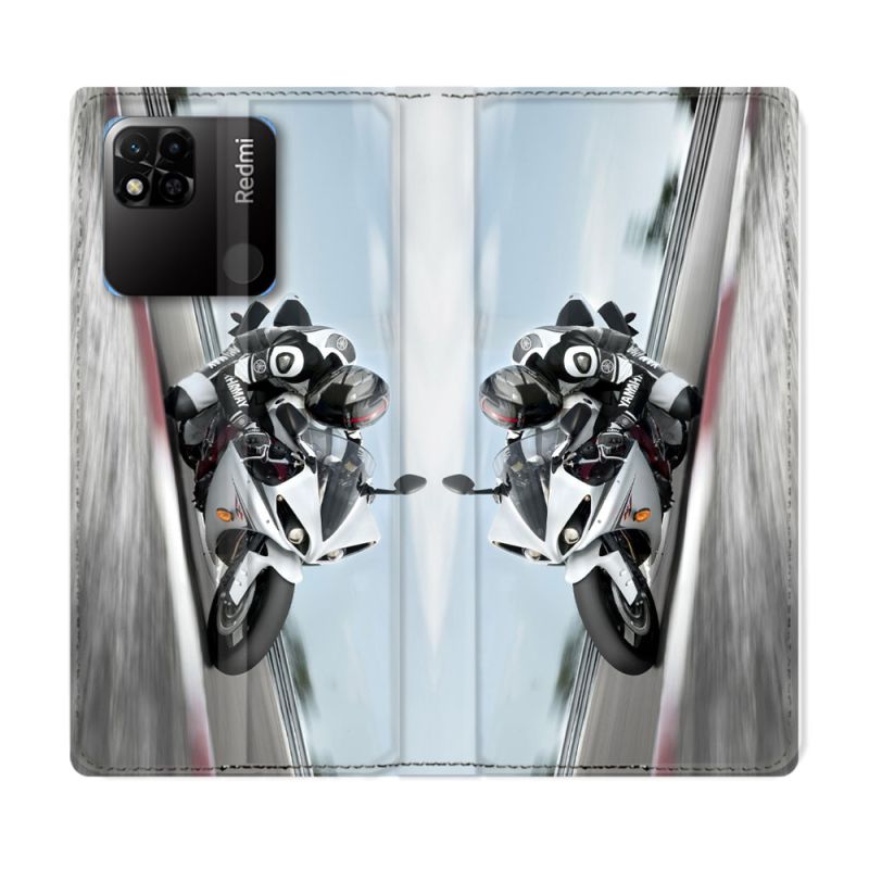 Housse cuir portefeuille Pour Xiaomi Redmi 10A Moto Course GP Blanche