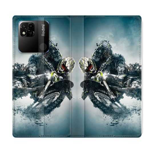 Housse cuir portefeuille Pour Xiaomi Redmi 10A Moto Cross Ombre