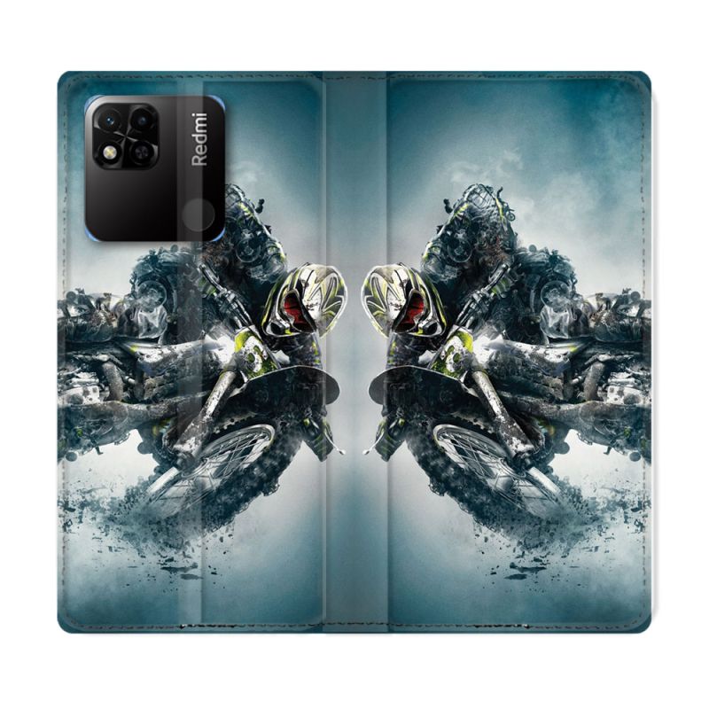 Housse cuir portefeuille Pour Xiaomi Redmi 10A Moto Cross Ombre