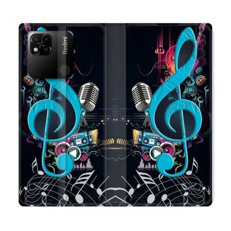 Housse cuir portefeuille Pour Xiaomi Redmi 10A Musique Cle Sol Bleu