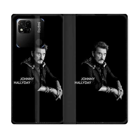 Housse cuir portefeuille Pour Xiaomi Redmi 10A Musique Johnny Hallyday Noir