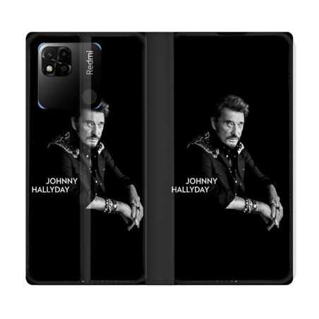 Housse cuir portefeuille Pour Xiaomi Redmi 10A Musique Johnny Hallyday Noir