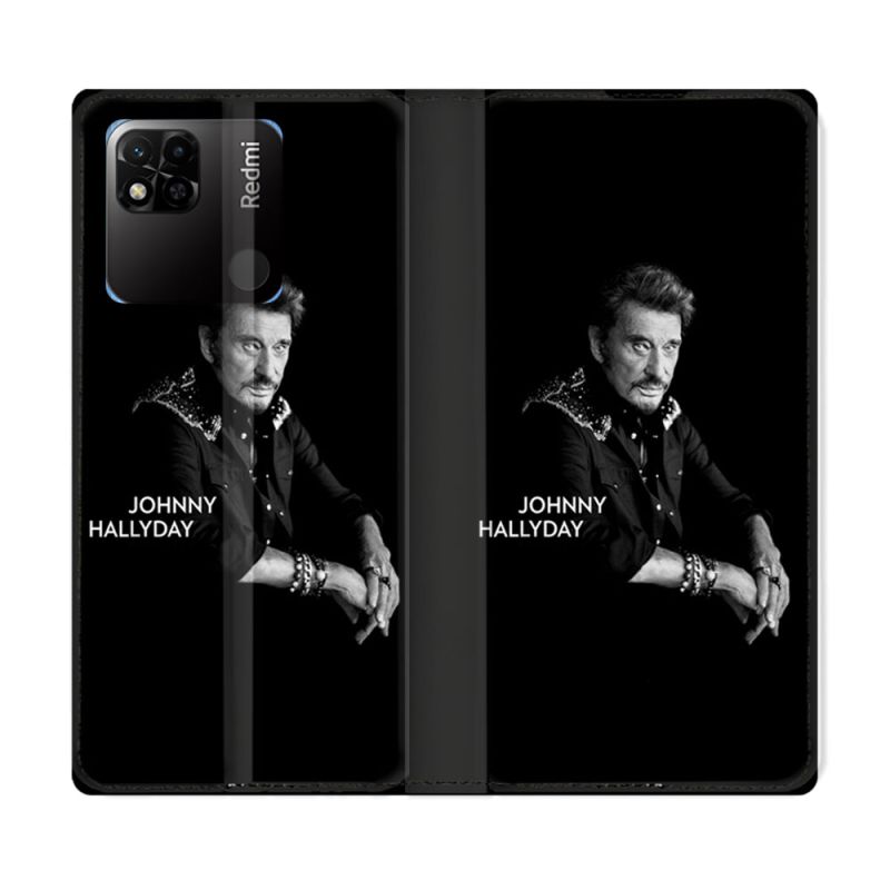Housse cuir portefeuille Pour Xiaomi Redmi 10A Musique Johnny Hallyday Noir