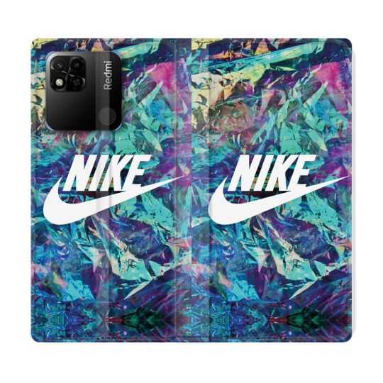 Housse cuir portefeuille Pour Xiaomi Redmi 10A Nike Turquoise