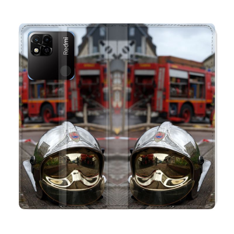 Housse cuir portefeuille Pour Xiaomi Redmi 10A Pompier Casque Camion