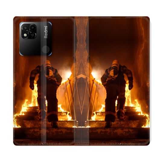 Housse cuir portefeuille Pour Xiaomi Redmi 10A Pompier Escalier
