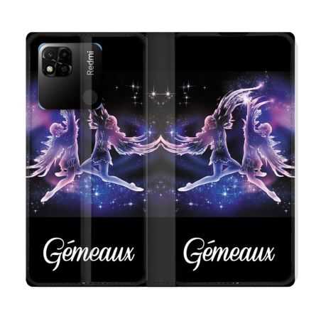 Housse cuir portefeuille Pour Xiaomi Redmi 10A Signe Zodiaque 2 Gémeaux